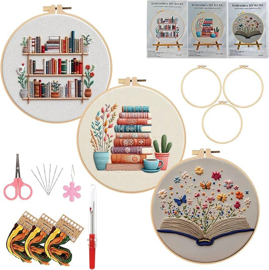 Embroidery Kit for Adults, Pre-Stamped Pattern Embroidery Kit for Beginners, DIY Hand Needlepoint Starter Kit with Hoop Thread Needle Instruction, 7.87'' Hoop (Book Lover 3 Packs)