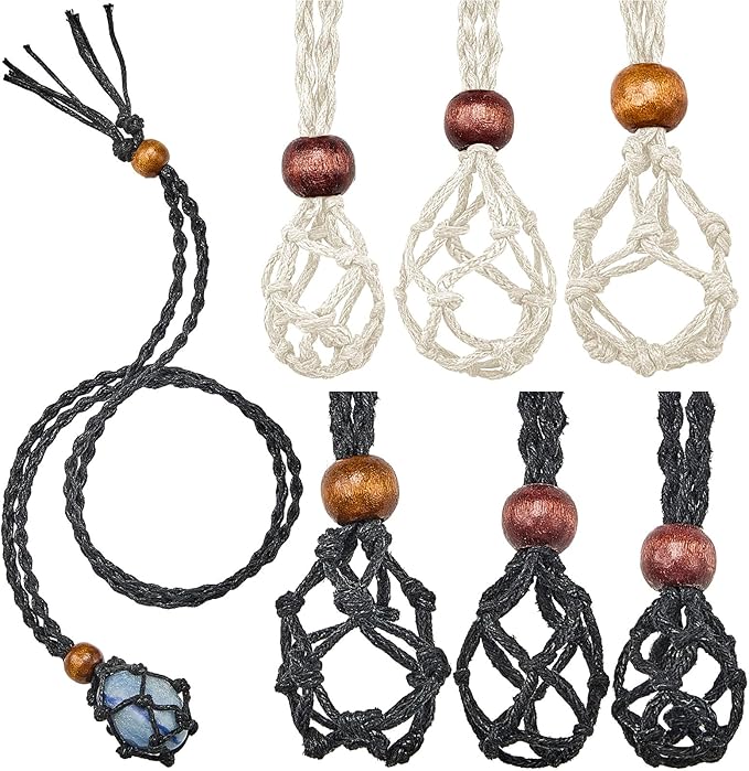Hicarer 6 Pieces D20 Necklace Cord Empty Stone Holder Empty Necklace Holder Quartz Crystal Stone Cord, 3 Sizes Adjustable Cage Fish Netted for DIY Jewelry Making(Black,Beige)
