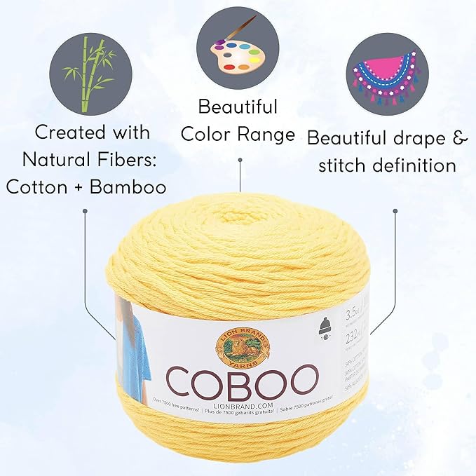 Lion Brand Coboo Yellow 835-157 (6-Skeins - Same Dye Lot) DK Light Worsted #3 Cotton, Bamboo Yarn for Crocheting and Knitting with Project Bag