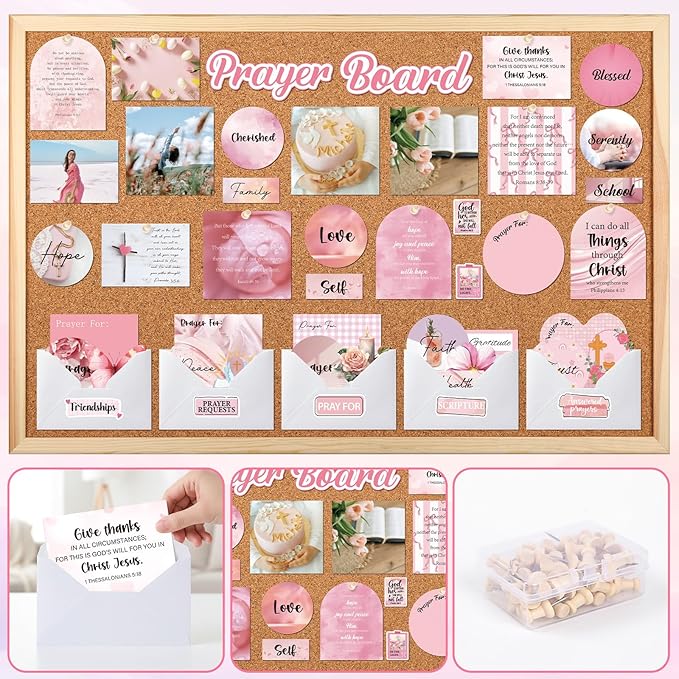 Prayer Board Stickers Supplies - 164 Pcs Prayer Board Kit with Pins Envelope Bible Verse Quotes Cards Christian Motivational Scrapbook Stickers, Bible Study Supplies for Women (Not Cork Board)