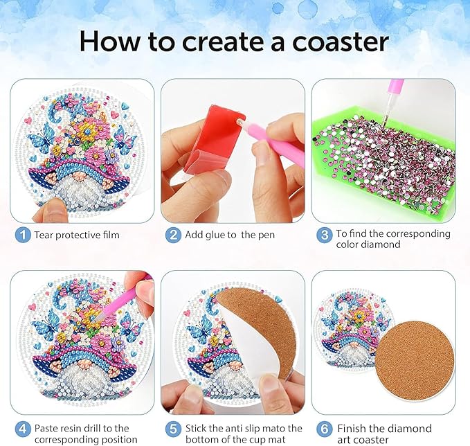igoodom 8 Pcs Gnome Diamond Art Coasters Kit with Holder, DIY Gnome Diamond Painting Coasters for Beginners Adults, Non Slip Diamond Art Kits Craft Supplies 4x4inch