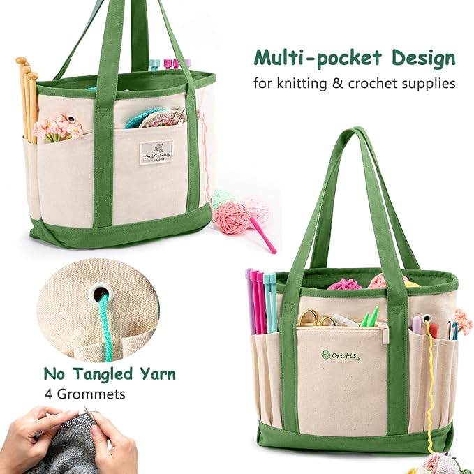 Canvas Yarn Storage Organizer Bag Washable Crochet Bag with Pockets for Yarn, Hooks, Needles – Travel Knitting Tote for Crafters – Gift for Crocheters & Knitters (Medium/Large)