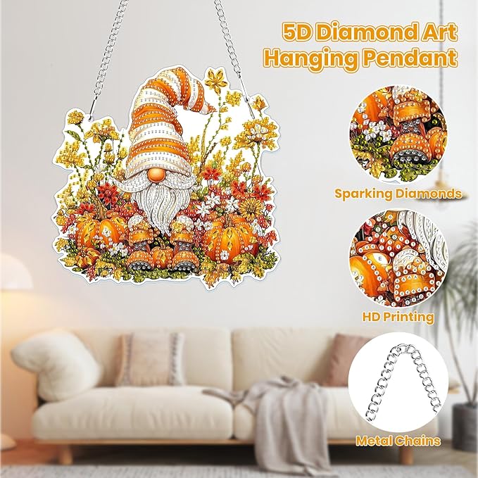 MOGTAA Fall Diamond Art Hanging Pendant Kits, Gnomes Diamond Art Kits for Adults, 5D Special Shape Diamond Painting Pumpkin Gem Art for Home Garden Wall Decor