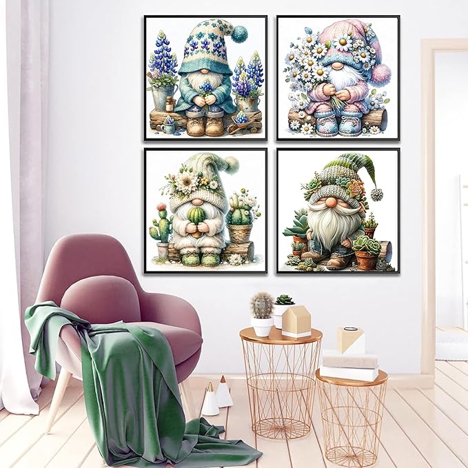 Diamond Art Kits for Adults, 4 Pack Spring Gnomes Diamond Painting Kits for Adults, 5D Round Full Drill Paint with Diamonds Gem Art Dots Crafts Painting Set for Home Wall Decor Gifts 12x12inch