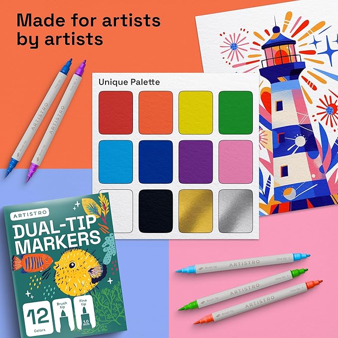 ARTISTRO 12 Acrylic Paint Markers - Paint Pens for Drawing, Brush + Fine Tips - For Fabric, Rock, Glass, Wood, DIY, Eggs - Art & Craft Supplies for Adults, Teens, Kids - Easter Basket Stuffers