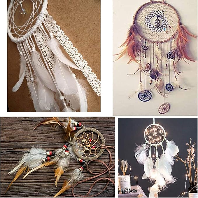 Gywantt DIY Dream Catcher Kit - 5 Gold Metal Hoops, 50 Feathers, 10 Pcs Faux Suede Cord, 60 Wood Beads