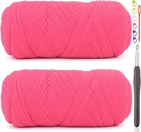 2 Pack Tshirt Yarn for Crocheting,Hot Pink T Shirt Chunky Elastic Fabric Thick T-Shirt Crochet Yarn for Beginners Crocheting Hand Knitting Bag/Basket/Coasters/DIY Crafts/Home Decor 2 * 200G(Hot Pink