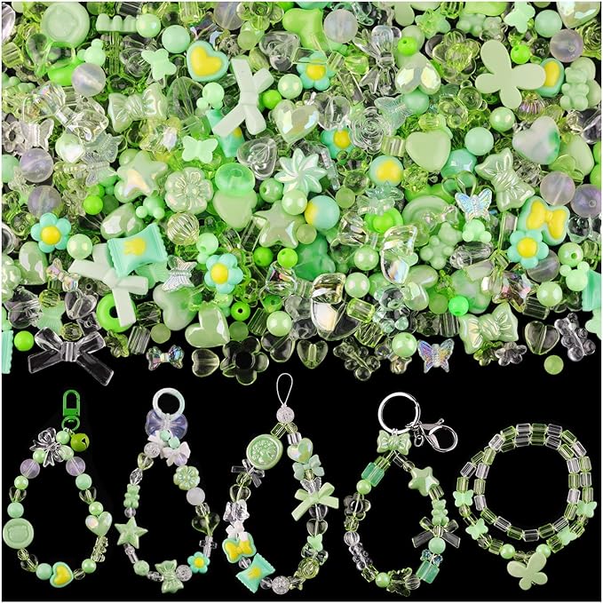 200-260pcs tinkrstuff assorted green acrylic beads for bracelet making, cute beads for jewelry making flower bow butterfly candy gummybear aesthetic bracelet charms, diy necklace keychain phone charm