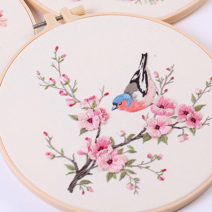 reewisly 3p embroidery starter kit patterns, diy adult cross stitch kits beginner, including 3 plastic embroidery rings, 1 scissors, colored threads,needles and instructions