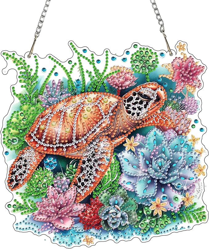 DOMROM Sea Turtle Diamond Art Hanging Kits for Adults Beginner, Special Shaped Crystal Diamond Painting Turtle Pendant, DIY Diamond Art Suncatchers Animal for Home Garden Wall Decor Gift