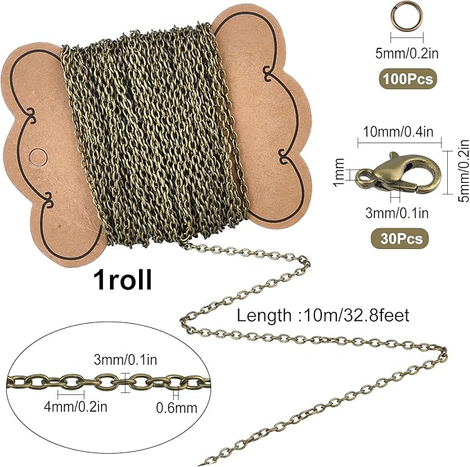 SUNNYCLUE DIY 33 Feet Antique Bronze Curb Cable Chain Link Necklace Width 4mm with 30 Brass Lobster Claw Clasps, 100 Brass Jump Rings Antique Bronze Jewelry Chain for Jewelry Bracelet Necklace Making