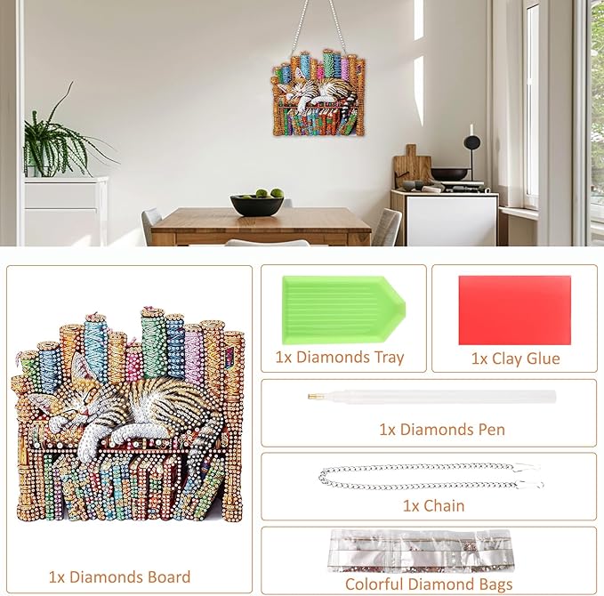 SENQAO Hanging Diamond Art Painting Pendant Kits, 5D Cat Diamond Art Kits for Adults, DIY Book Diamond Painting Kits Special Crystal Gem Art for Home Decor