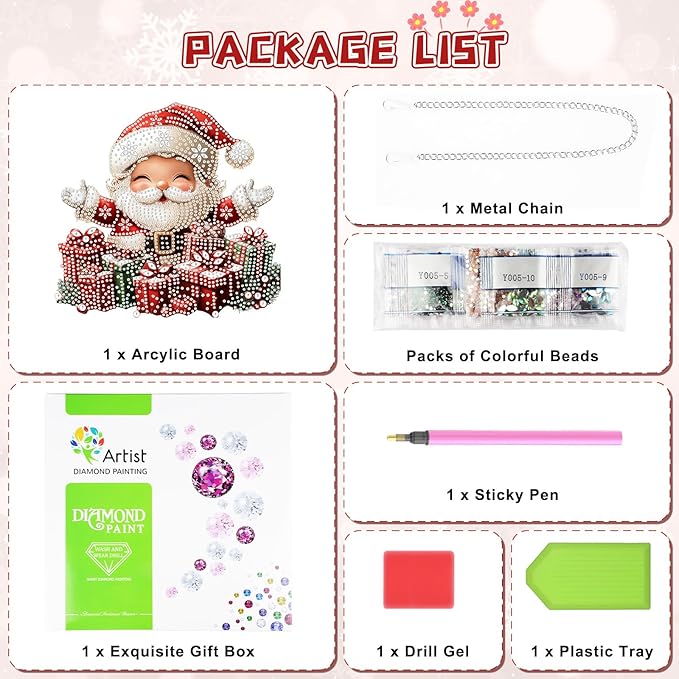 KEYIFA Christmas Diamond Painting Kit, DIY Santa Claus Diamond Art for Adults, Diamonds Painting Pendant Special Shaped Rhinestone Window Hanging Ornaments Home Garden Wall Door Decoration, 20cm Width