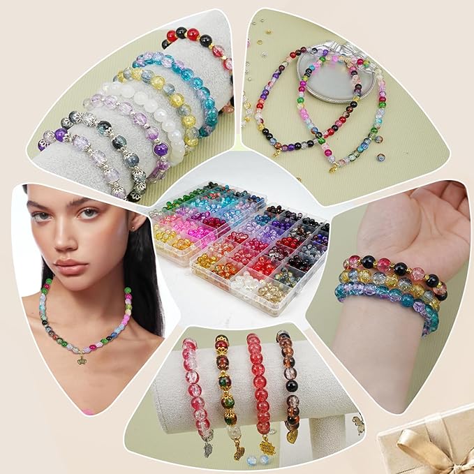 Hanyoung 8mm Glass Beads for Bracelet Making kit,48 Colors 1450 pcs Crackle Glass Beads for Jewelry Making, Crystal Round Bracelet kit for DIY Craft Gifts (Crackle Color)