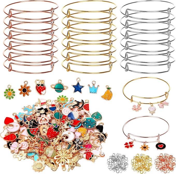 UPINS 30Pcs Silver Expandable Blank Bracelets Adjustable Wire Bangles with 100Pcs Tibetan Silver Charms, 200Pcs Open Jump Rings for Jewelry Making (Multicolor)