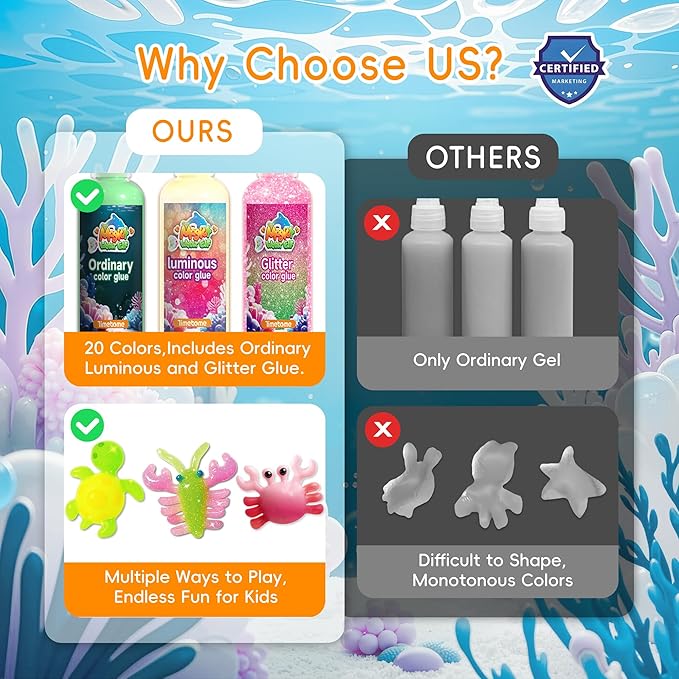 timetome magic water elf toy kit for kids – 20 gels (11 standard + 6 glitter + 3 glow) & 10 molds, diy squishy maker, aqua fairy gel toys, night glow & glitter, birthday gifts for boys & girls 3+
