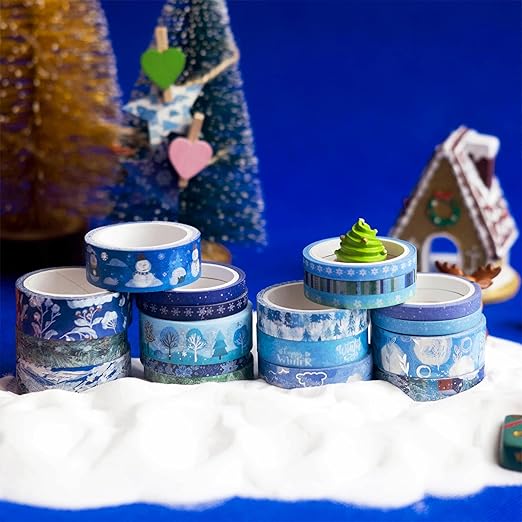 YUBX Winter Washi Tape Set 19 Rolls Skinny Snow Embellishment Blue Silver Foil Decorative Masking Tapes for Arts, DIY Crafts, Journals, Planners, Scrapbook, Wrapping