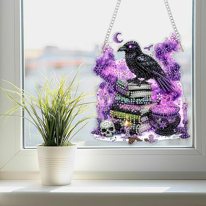 SENQAO Halloween Diamond Art Hanging Kits for Adults Beginners, DIY Acrylic 5D Special Shaped Crystal Diamond Gem Art Painting Hanging Ornament for Home Wall Decor and Gift（Crow Book Skull）