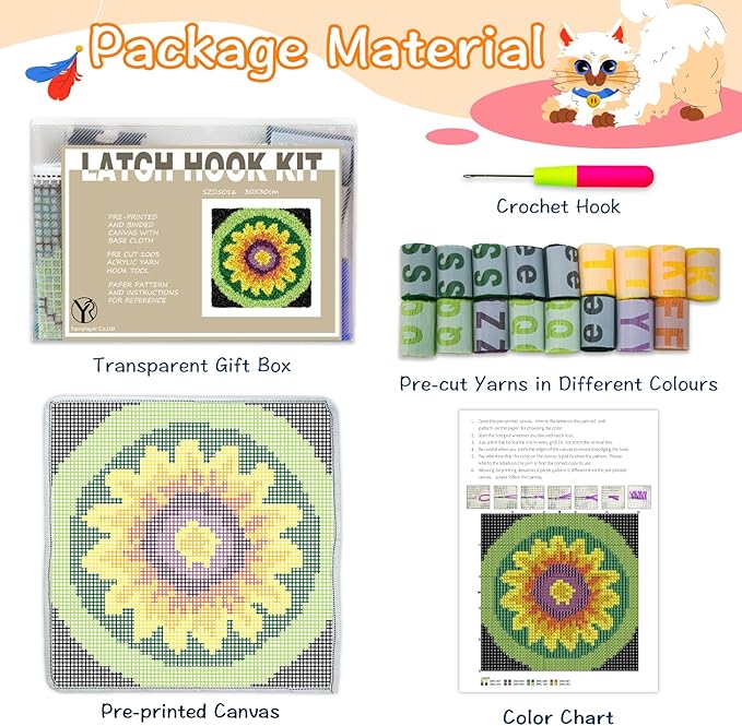 YP Sunflower Latch Hook Rug Kit for Adults Beginners - 12x12 Inch DIY Craft Crochet Rug, Beginner-Friendly Art Project for Home Decor, Easy-to-Make Needlecraft Kit