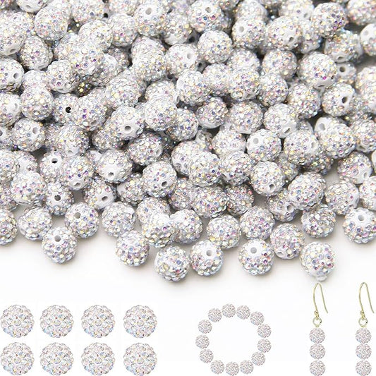 100 Pcs 10mm Rhinestone Beads for Jewelry Making, White AB Shiny Round Shamballa Disco Baseball Necklace Beads Sparkle Crystal Clay Pave Rhinestones Bead for DIY Bracelet Earring Craft Making Supplies