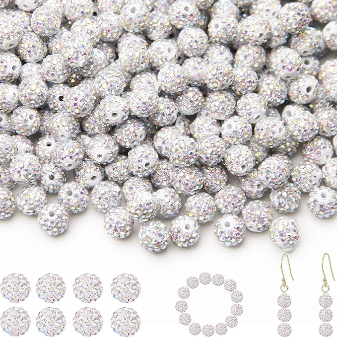 200 Pcs 10mm Rhinestone Beads for Jewelry Making, White AB Shiny Round Shamballa Disco Baseball Necklace Beads Sparkle Crystal Clay Pave Rhinestones Bead for DIY Bracelet Earring Craft Making Supplies