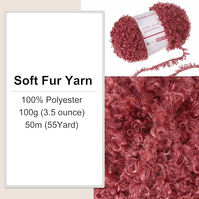MECCANIXITY Fur Yarn Soft Fluffy Chunky Yarn Fuzzy Eyelash Yarn Red for Crocheting Knit Clothes Bag - 55Yard/50m, 3.45ozx1