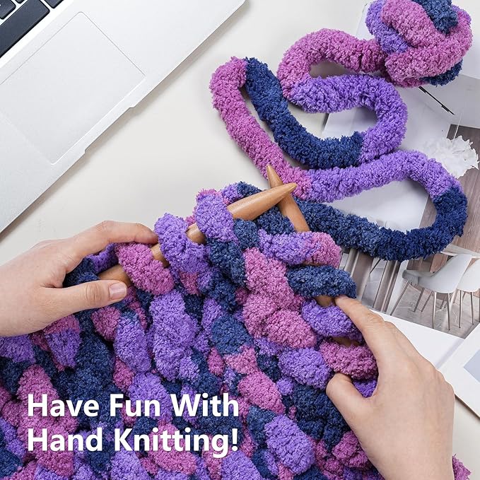 Chunky Yarn for Hand Knitting - #10 Chunky Chenille Blanket Yarn, Jumbo Big Thick Chunky Yarns for Crocheting, Tie Dye Bulky Knit Yarns, 8 Skein (25 yds 8 oz Each Skein), Multi Purple