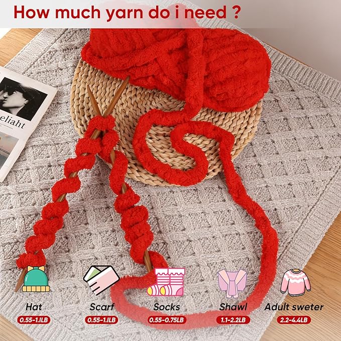 8 Jumbo Packs Chunky Chenille Yarn for Crocheting, 31.7 yds, 8 oz Each Skein Bulky Thick Fluffy Yarn for Knitting, Super Bulky Chunky Yarn for Hand Knitting Blanket, Soft Plush - Red