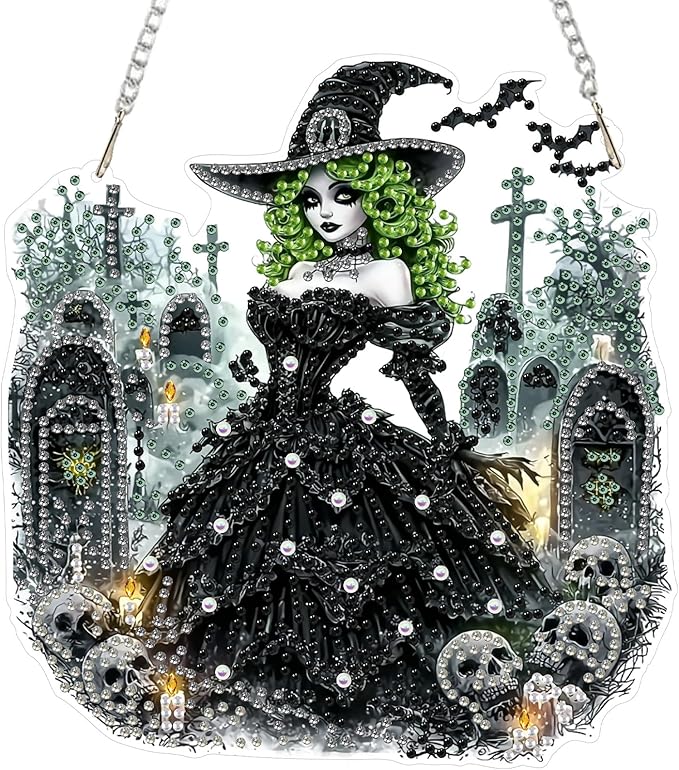 SENQAO Witch Diamond Art Hanging Kits for Adults Beginners, DIY Acrylic 5D Special Shaped Crystal Diamond Gem Art Painting Hanging Ornament for Home Wall Decor and Gift（Halloween Skull）