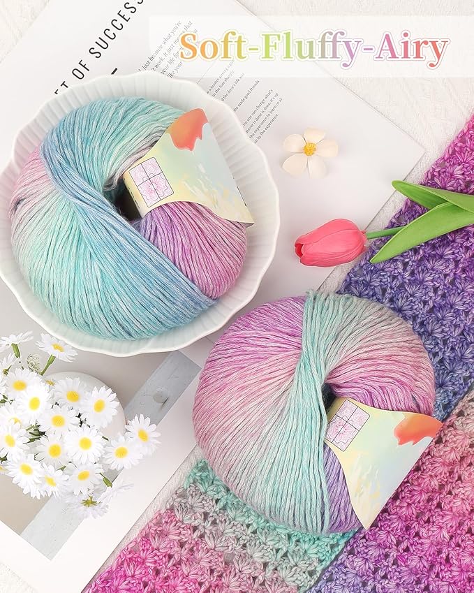 Coopay Yarn for Crocheting Knitting, Gradient Cake Yarns, 2 × 3.53oz - 240yds - 50% Cotton 50% Acrylic Ombre Yarns, Gradient Crochet Yarn for Blankets, Shawls, Scarves (114 Glittering)