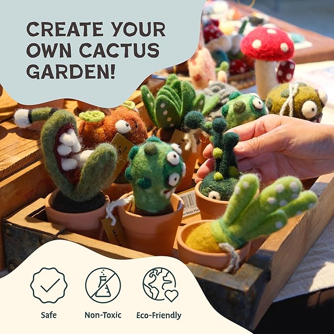 Woolbuddy Needle Felting Kit – Cactus & Succulent Felting Kit for Adults & Beginners, Beginner Needle Felting Kit with Wool Roving, Felting Needles, Foam Pad & Clay Pots | Cute DIY Craft Kit Gift