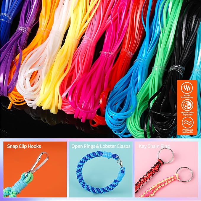 Fandamei Lanyard String Kit, 12 Colors Plastic Lacing Cord, Glossy Bright Color, Lanyard String for Crafts, Bracelets and Jewelry Making Weaving Kit, Plastic for Bracelets