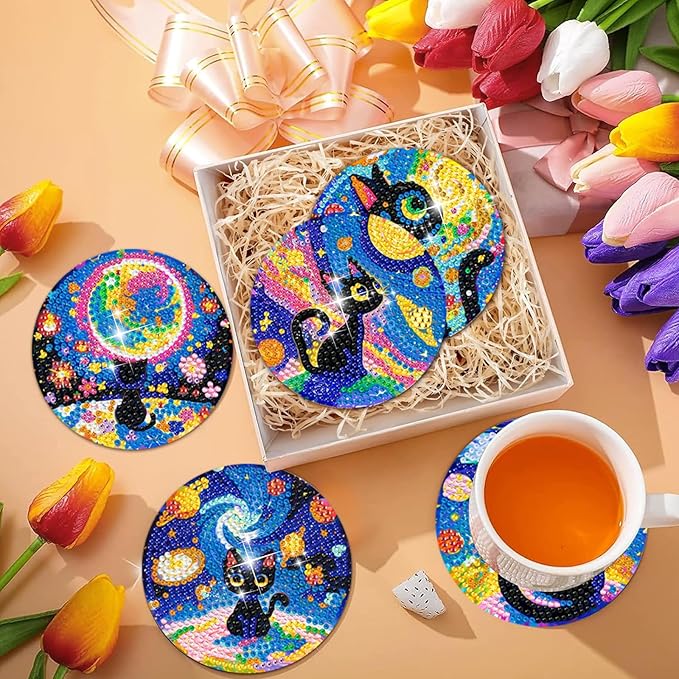 10 PCS Diamond Art Coasters Kit, Small Diamond Painting Coasters, Fall Diamond Art Kits for Adults Beginners, Arts and Crafts Supplies Item Sets with Holder Black Cat