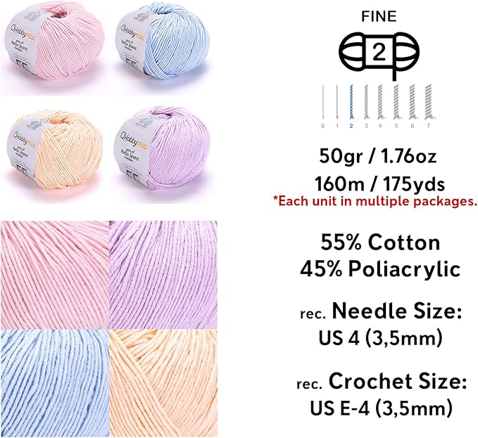 Cotton Yarn Kit - 4 Multicolor Balls Soft Sport Weight Yarn for Crochet & Amigurumi - 50g / 175yds Each & 10 Stitch Markers (H10 - Pastel-1)