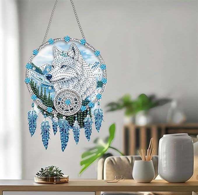 Bimkole Dream Catcher Wolf Diamond Art Hanging Kit for Adult, DIY 5D Diamond Art Painting Window Pendant, Acrylic Crystal Art Hanging Ornament for Wall Home Garden Front Door Decor - 7.8x7.8 Inch
