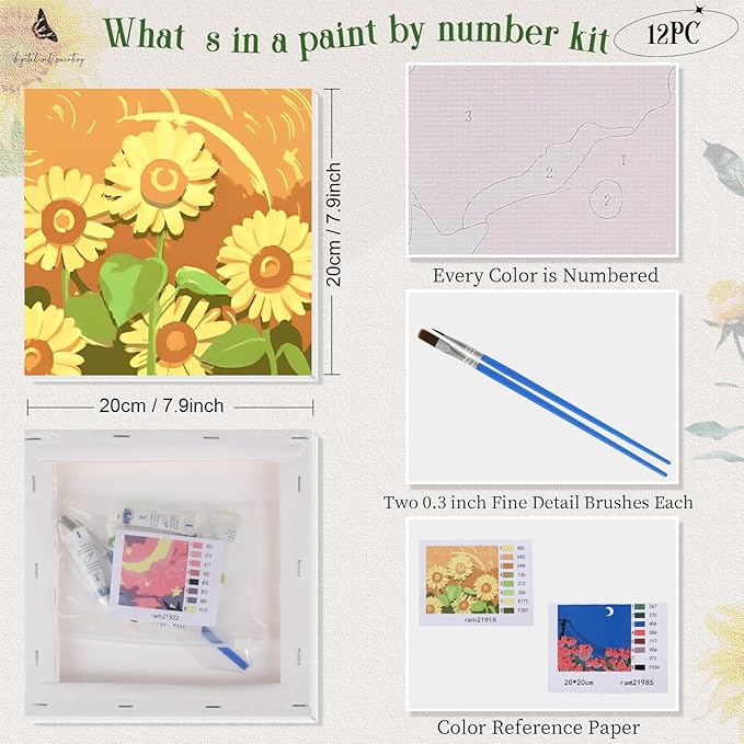 Nezyo 12 Sets Paint by Numbers Kit with Frame for Adult Beginners, Paint by Number DIY Acrylic Painting Canvas for Painting Party, Classroom Activity Birthday Gift, 8 x 8 Inch