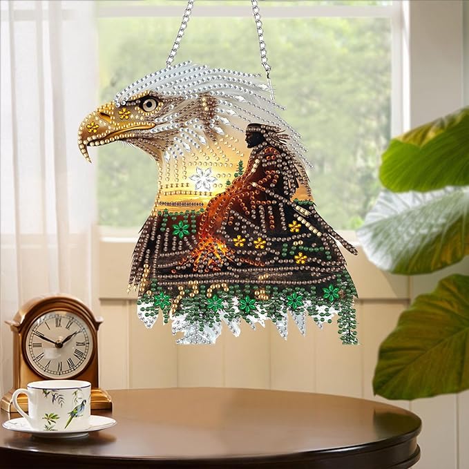 Yomiie Eagle Animal Sun Catcher Window Hanging - DIY Double Sided African Americans Diamond Painting Pendant Kit, Acrylic Diamonds Art Ornament for Front Door Sign & Indoor/Outdoor Decor(8x8 inch)