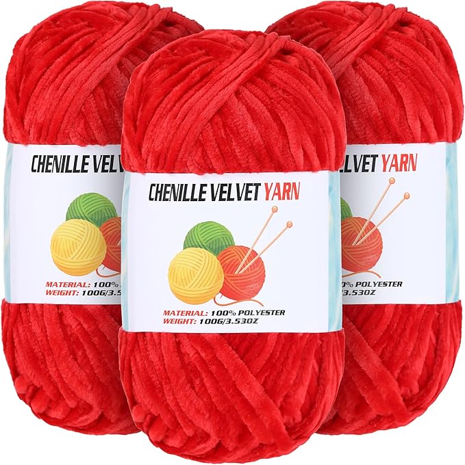 3 * 100g Velvet Chenille Chunky Yarn for Crocheting, Handcrafts Weaving Soft Chenille Yarn for Crocheting Clearance, Used for Making Baby Yarns Blanket, Clothes, Knitting Creations (Red)