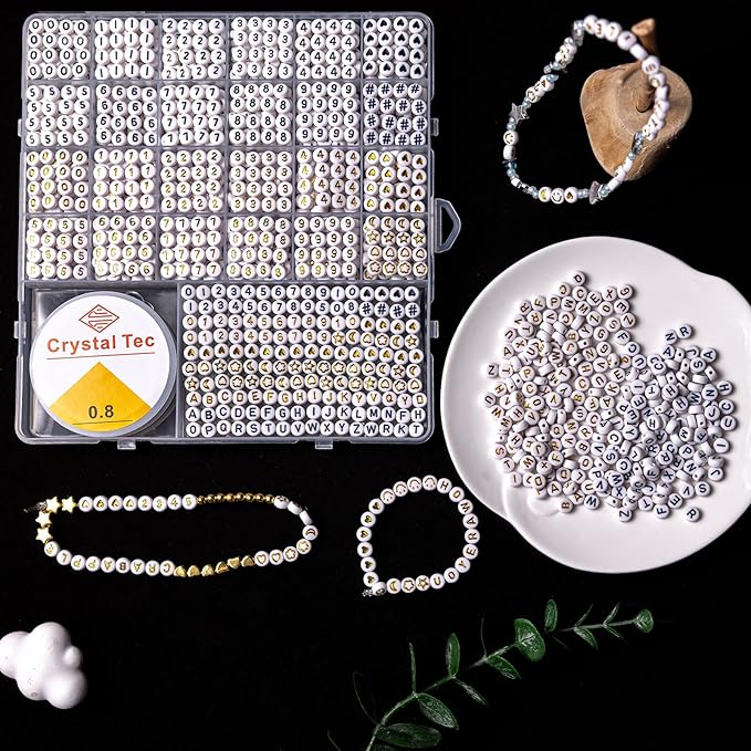 nikkiGuo 1250 PCS Letter Beads Kit with Elastic Cord – Alphabet A–Z, Numbers, Heart, Moon, Star, Smiley Beads for Friendship Bracelets & DIY Jewelry (White Beats & Black/Golden Letters)