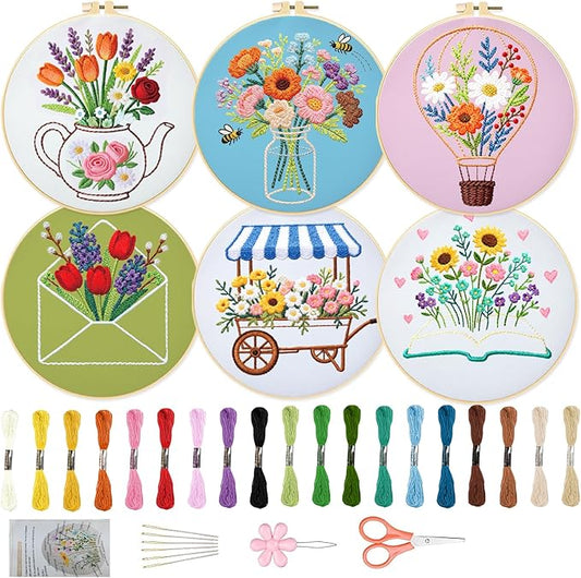 ORIGACH 6 Pack Vase Letter Book & Flower Wreath Embroidery Kits for Beginners, DIY Starter Hand Embroidery Kit with Floral & Objects Patterns and Instructions for Adults Women Crafting
