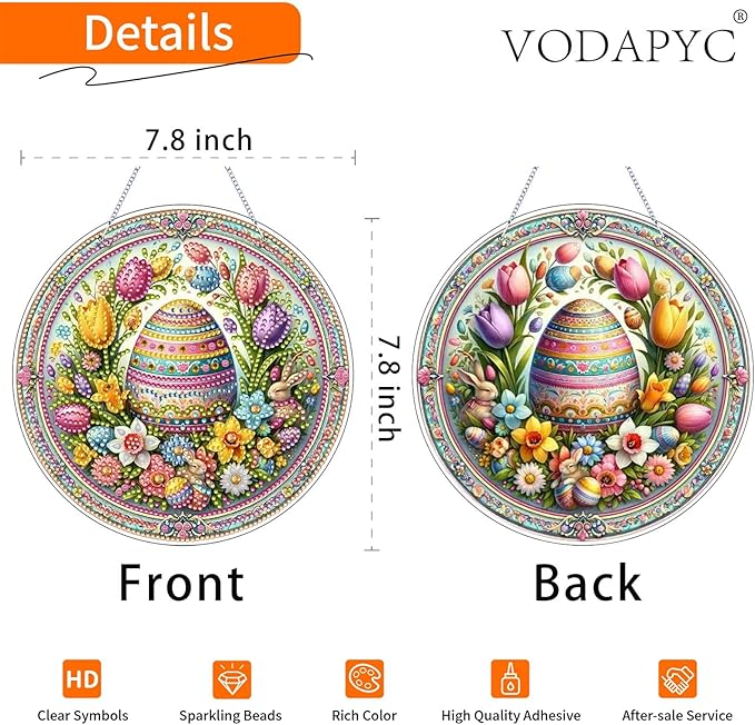 VODAPYC Easter Diamond Art Hanging Kits for Adults, DIY Double Sided Partial Special Shaped Diamond Art Window Pendant Ornament(Easter Flower Egg)