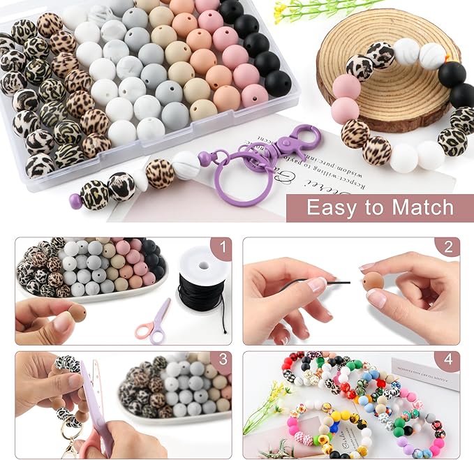 70Pcs Print Silicone Beads for Keychain Making,Round 15mm Silicone Beads for Pens, Necklace and Bracelets Making（Classic Leopard）