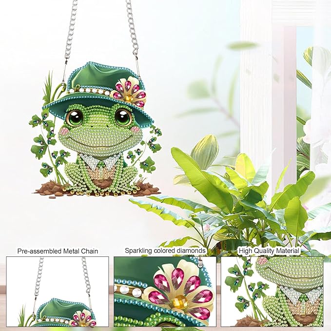 AiYuanzsh Frog Diamond Painting Pendant Kit, 5D DIY Diamond Art Hanging Ornament with Chain, Paint by Number Acrylic Wall Decor, Craft Gift for Adults