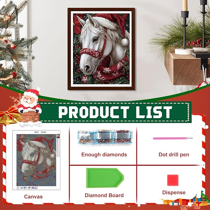 EMIEAUFG Christmas Diamond Art Kits for Adults, Christmas Horse Diamond Paiting Kit for Beginners, 5D DIY Round Full Drill Craft Diamond Dot Gem Art, Home Wall Decor 12" x 16"