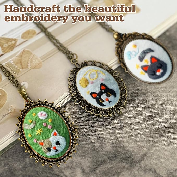 ZOCONE New 4 Packs Embroidery Necklace Kits, Embroidery Pendant Kit Mini Cross Stitch Kit with Hoop, Necklace, Pendant, Stamped Pattern Cloth, Instructions, etc., Embroidery Kits for Adults