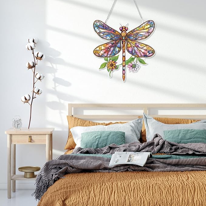HEIBAGO Dragonfly Hanging Diamond Art Kits for Adults, Special Shaped Crystal Diamond Painting Ornament Kit, DIY Double-Sided Pattern Window Pendant Gem Art Kit for Home Wall Decor 8.3x8.3inch
