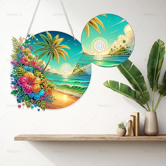 Aeepics Hanging Diamond Art Kit for Adult, DIY Diamonds Painting Pendant Ornament Kit, Acrylic Diamond Art Painting Board Kit (Beach)
