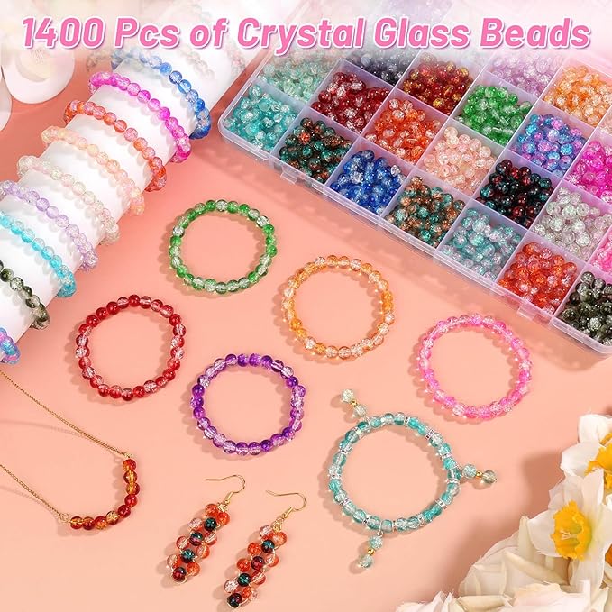 shynek 1400 Pieces 6mm Round Glass Beads for Bracelets, 28 Colors Bracelet Beads, Glass Crystal Beads for Jewelry Making, Bracelet Making and DIY Crafts(Crackle Color)