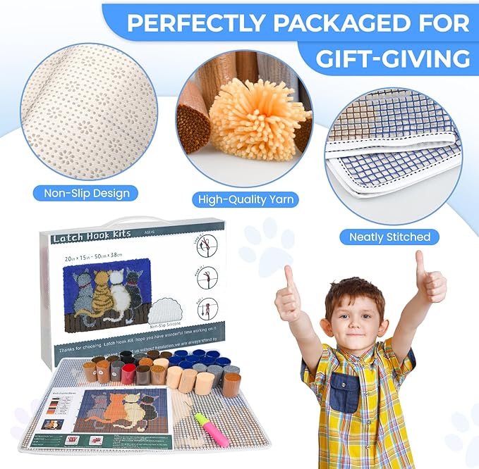EsLuker.ly Latch Hook Rug Kit DIY Crochet Carpet for Beginners, Cats Patterns Pre-Printed Canvas Yarn Rug Hooking Kits, Creative Craft Home Decor Ideal for Learning Rug Making, Blue