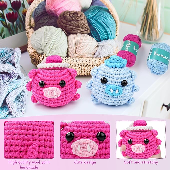 Vanttokeey Crochet Kit for Beginners, Animal Amigurumi Crochet Kits Included, Step-by-Step Video Tutorials, Beginner Crochet Kit for Adults and Kids, Crocheting Starter Set (Pig RoBo)